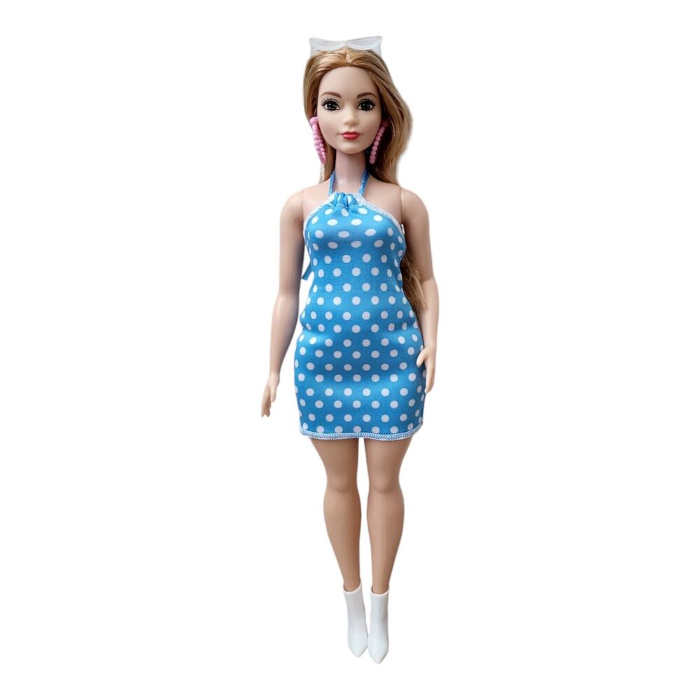 New Barbie Doll in Blue Outfit Blue Polka Dot Dress White Boots